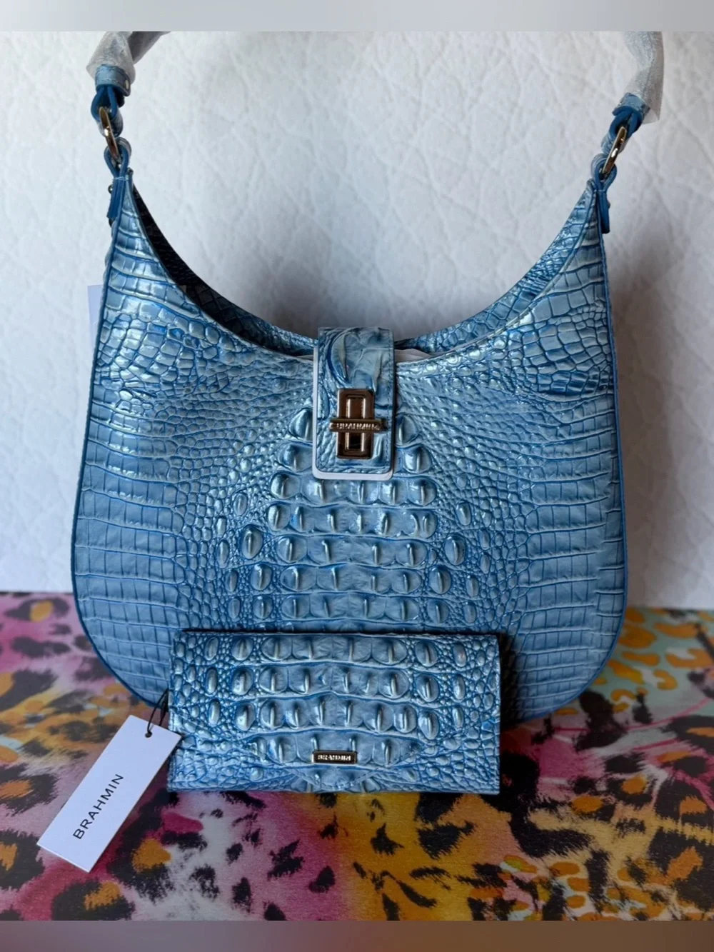 SET Brahmin Fallon Aura Blue Shoulder Bag leather Sky Blue & Wallet NWT
